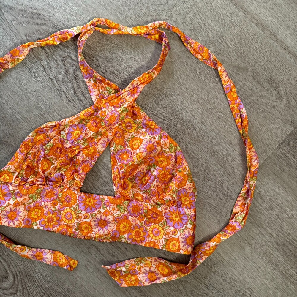 Topshop Floral Halter Crop Top in Pink and Orange - Picture 8 of 9
